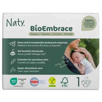 Одноразові дитячі підгузки BioEmbrace "NATY". Розмір 1 (2-5 кг.), 25шт. в упаковці. 7330933000192 фото